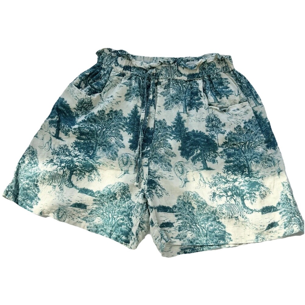 111%Lino Linen Safari Print Shorts Made in Italy Elastic Waist Teal & White M